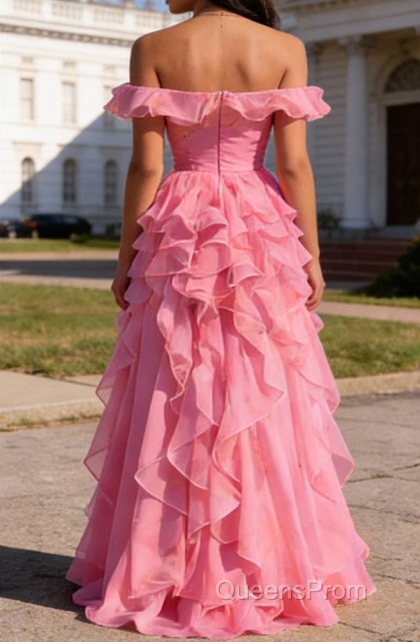 Pink Ruffled A-Line Square Neck Long Prom Dress