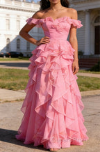 Pink Ruffled A-Line Square Neck Long Prom Dress