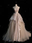 Pink Satin And Tulle Scoop Long Party Dress, Pink A-Line Flowers Classy Prom Dress
