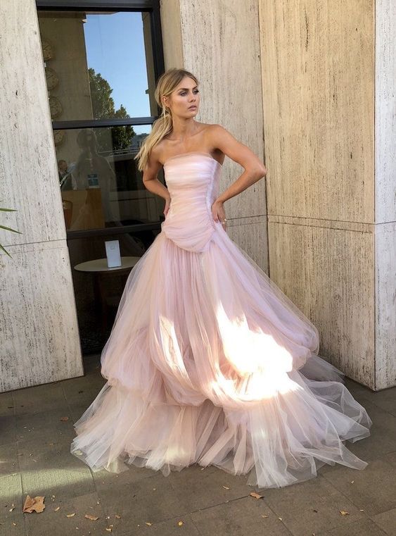 Light Pink Tulle Long Classy Prom Dress, Pink Tulle Classy Dress