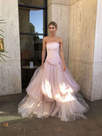 Light Pink Tulle Long Classy Prom Dress, Pink Tulle Classy Dress