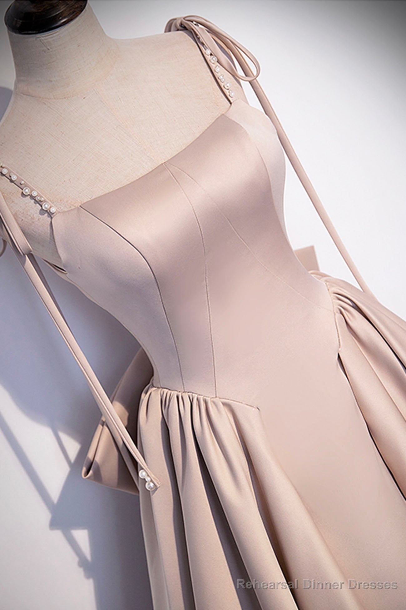 Pink Satin Long A-Line Prom Dress, Cute Spaghetti Strap Evening Dress with Bow Secondary image
