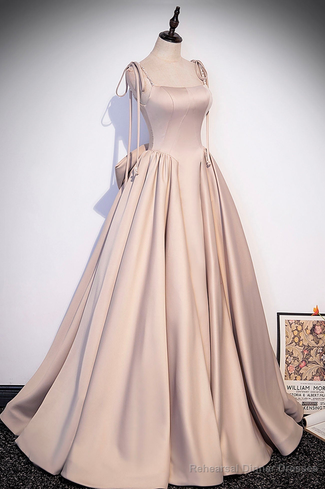 Pink Satin Long A-Line Prom Dress, Cute Spaghetti Strap Evening Dress with Bow Main image