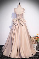 Pink Satin Long A-Line Prom Dress, Cute Spaghetti Strap Evening Dress with Bow