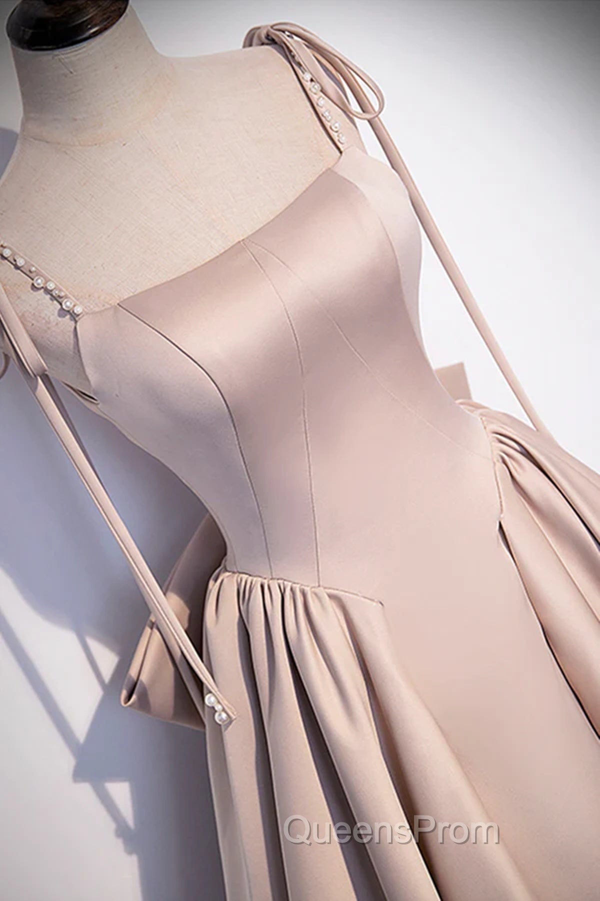 Pink Satin Long A-Line Evening Prom Dress, Pink Spaghetti Straps Party Dress With Bow