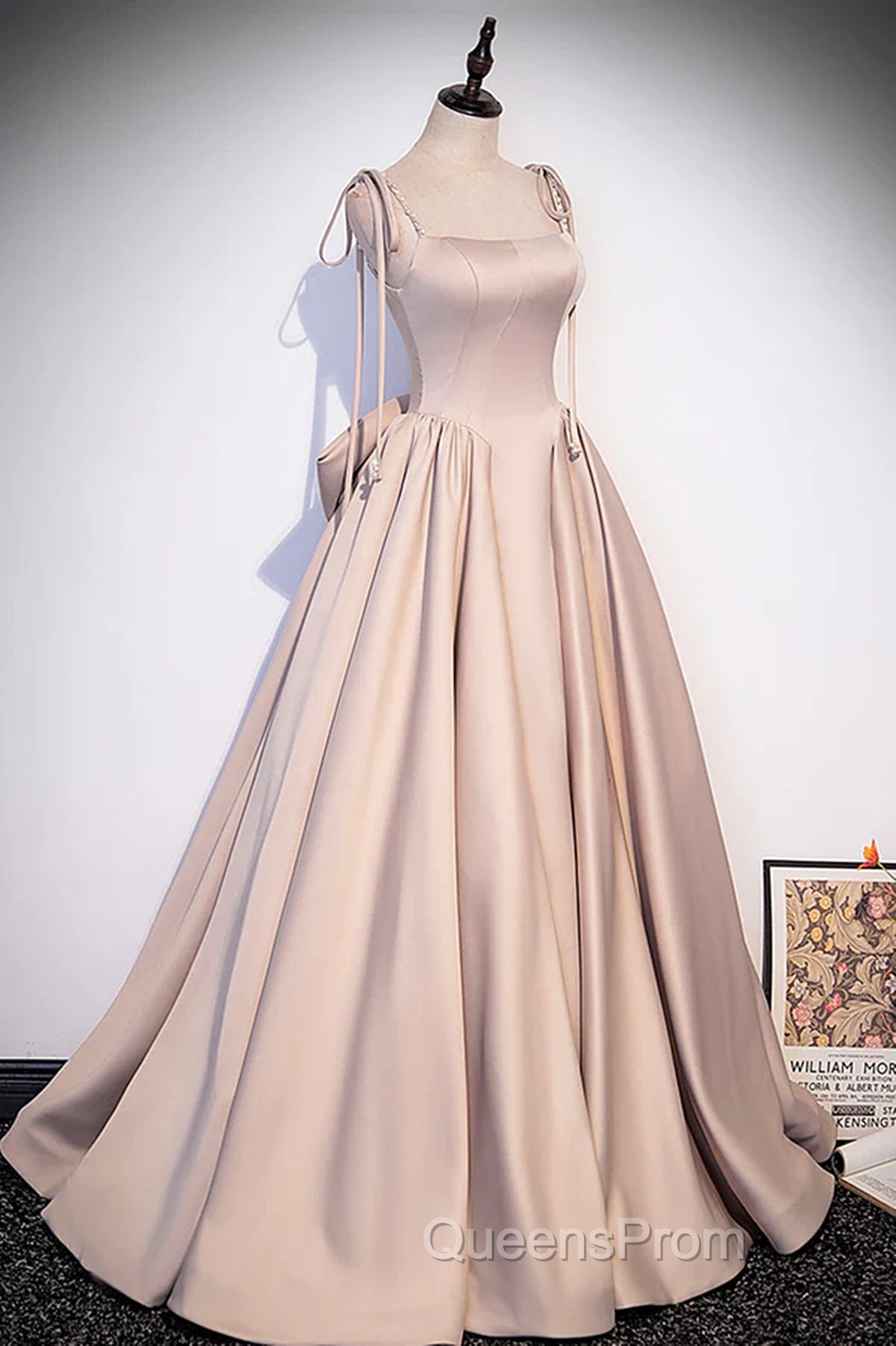 Pink Satin Long A-Line Evening Prom Dress, Pink Spaghetti Straps Party Dress With Bow