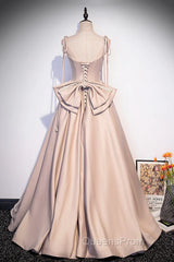 Pink Satin Long A-Line Evening Prom Dress, Pink Spaghetti Straps Party Dress With Bow