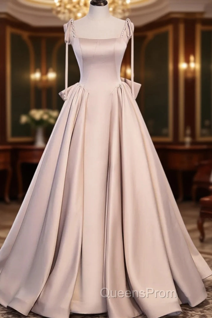 Pink Satin Long A-Line Evening Prom Dress, Pink Spaghetti Straps Party Dress With Bow Main image
