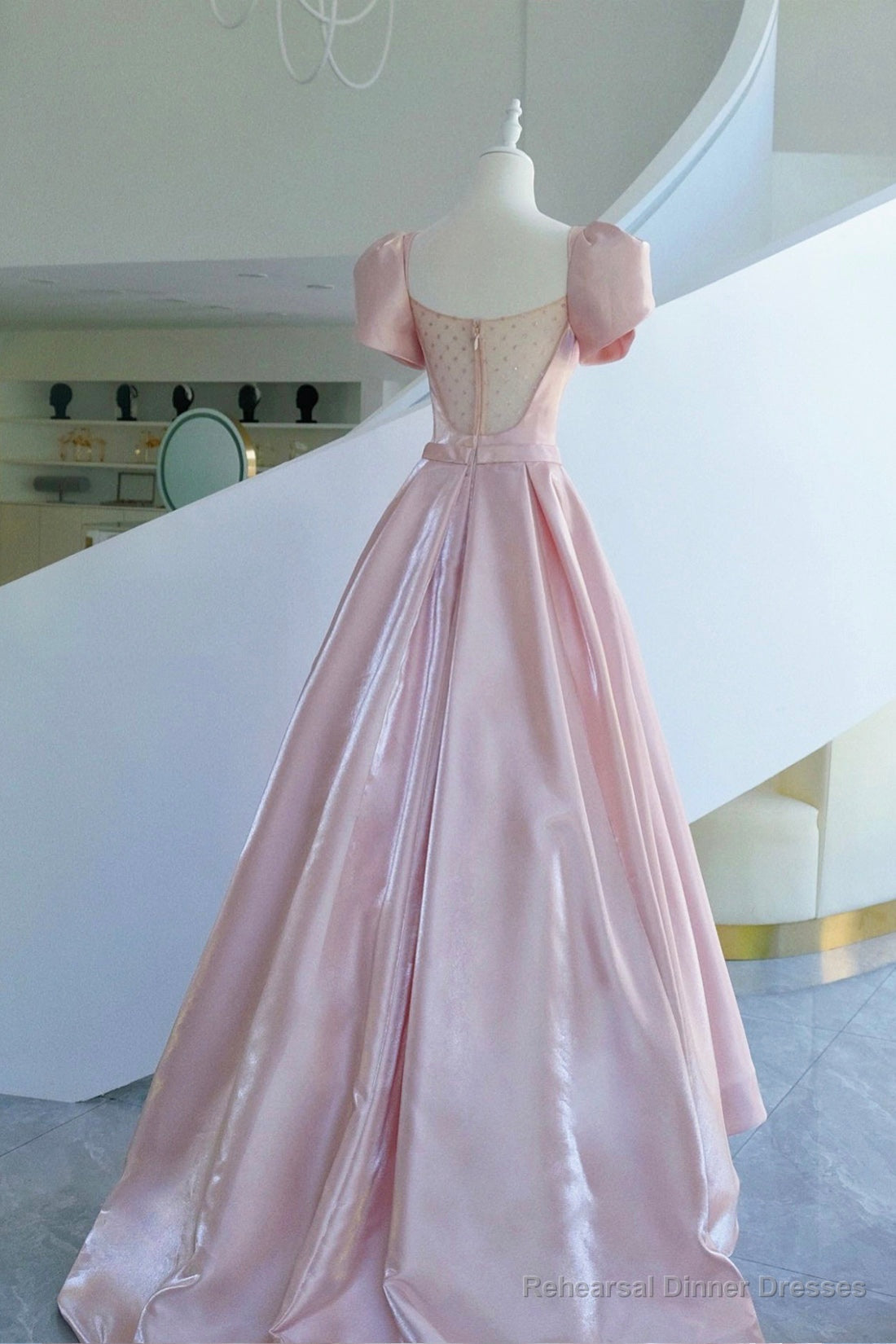 Pink Satin Long Prom Dress, A-Line Evening Dress with Bow Secondary image