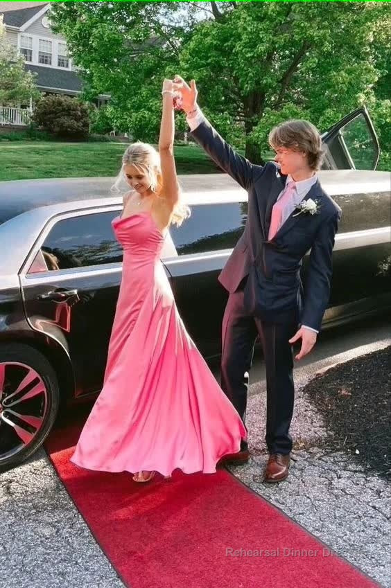 Pink Satin Long Prom Dress Spaghetti Straps A Line Party Dress Main image