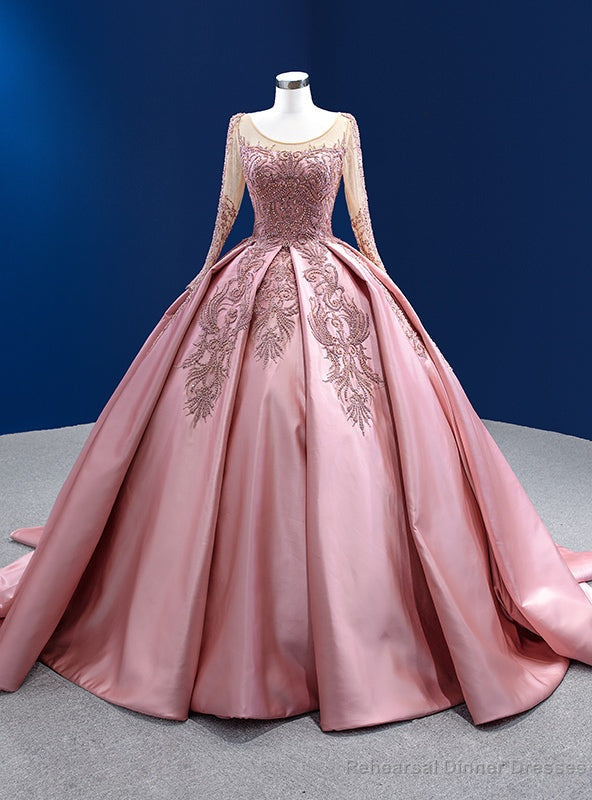 Pink Satin Long Sleeve Appliques Beading Prom Dress Main image