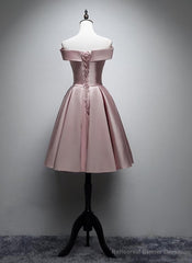 Pink Satin Off Shoulder Lace-up Party Dress, Pink Prom Dress