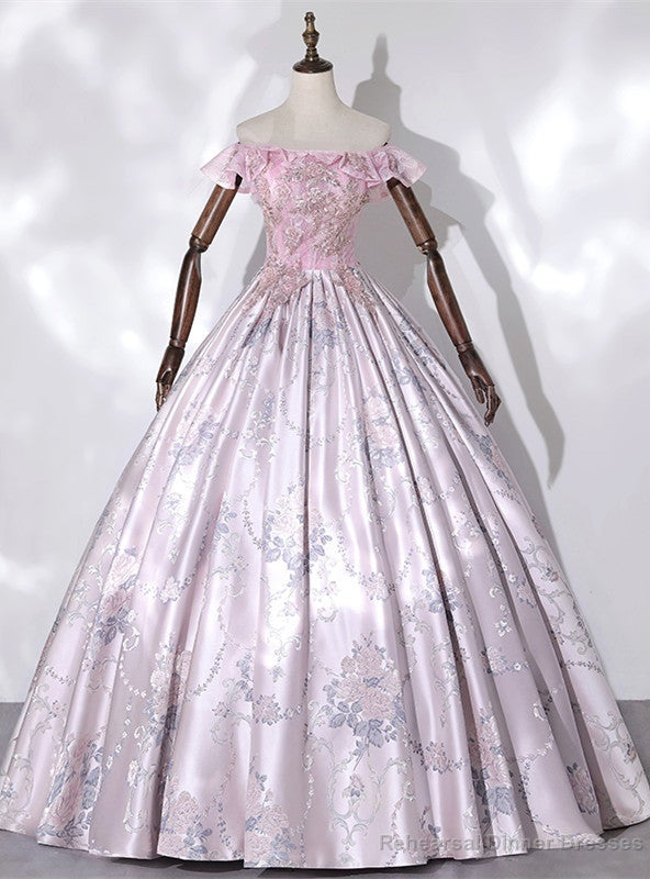 Pink Satin Off the Shoulder Appliques Quinceanera Dress Main image
