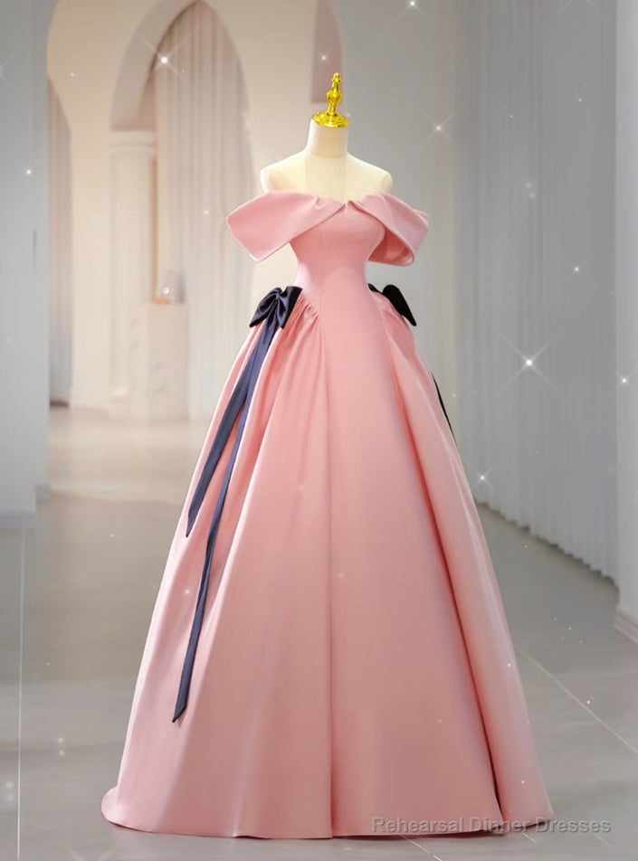 Pink Satin Off the Shoulder Bow Prom Dress Main image