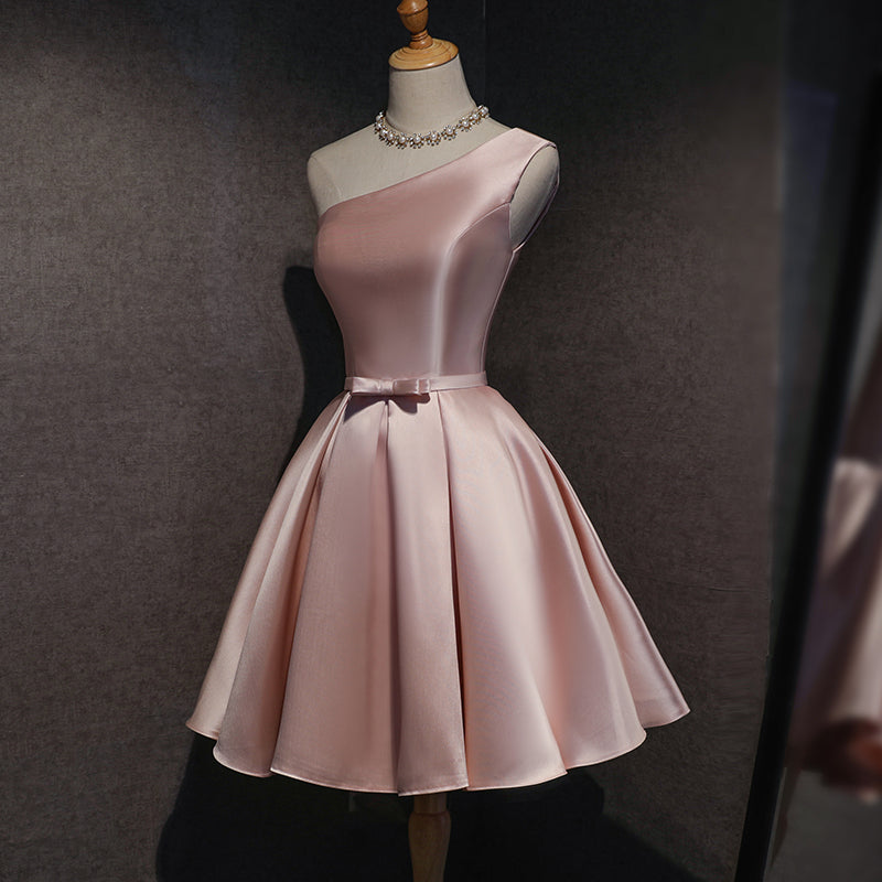 Pink Satin One Shoulder Homecoming Dress, Knee Length Classy Prom Dress Secondary image
