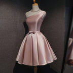 Pink Satin One Shoulder Homecoming Dress, Knee Length Classy Prom Dress
