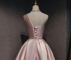 Pink Satin One Shoulder Homecoming Dress, Knee Length Classy Prom Dress