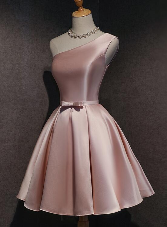 Pink Satin One Shoulder Homecoming Dress, Knee Length Classy Prom Dress Main image