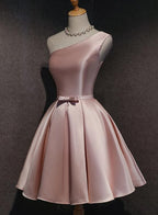 Pink Satin One Shoulder Homecoming Dress, Knee Length Classy Prom Dress