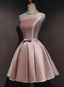 Pink Satin One Shoulder Homecoming Dress, Knee Length Classy Prom Dress