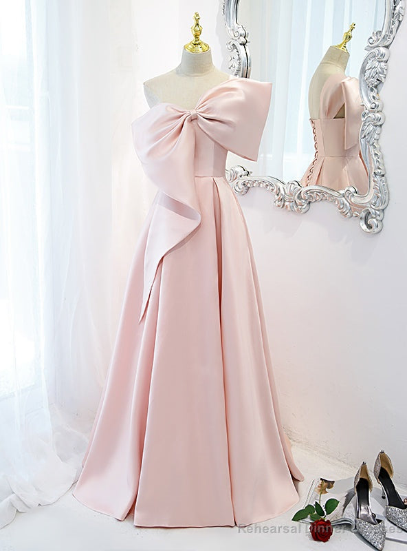 Pink Satin One Shoulder Prom Dress With Bow Main image