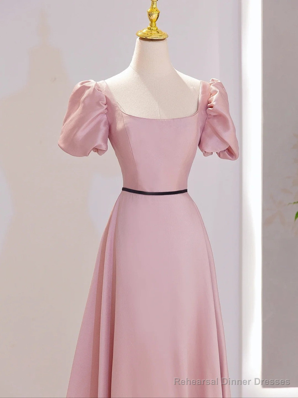 Pink Satin Short Sleeves A-line Party Dress, Pink Satin Prom Dress Secondary image
