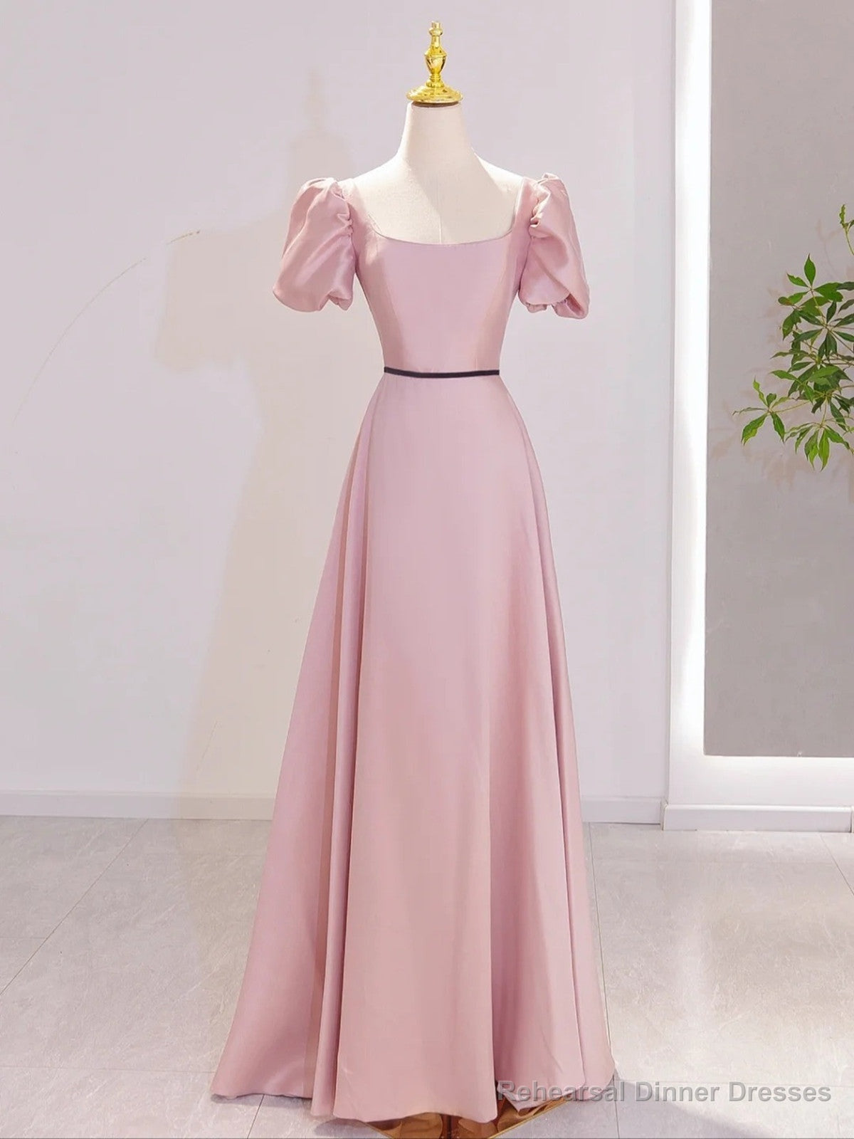 Pink Satin Short Sleeves A-line Party Dress, Pink Satin Prom Dress Main image