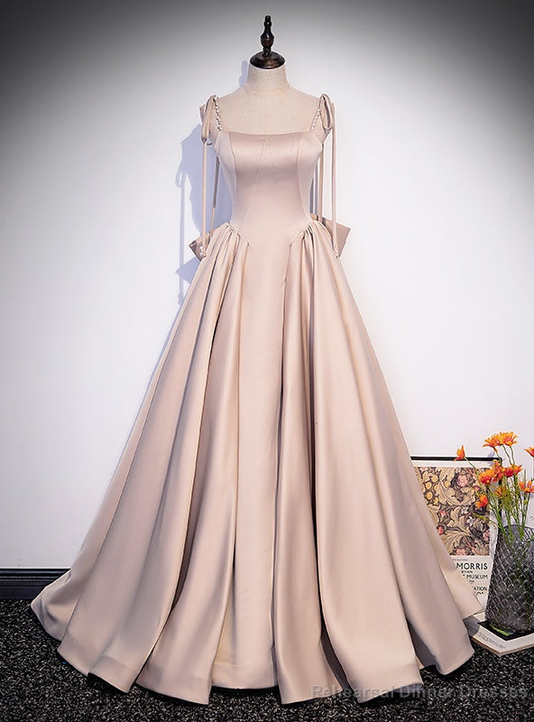 Pink Satin Spaghetti Straps Pearls Bow Prom Dress Main image