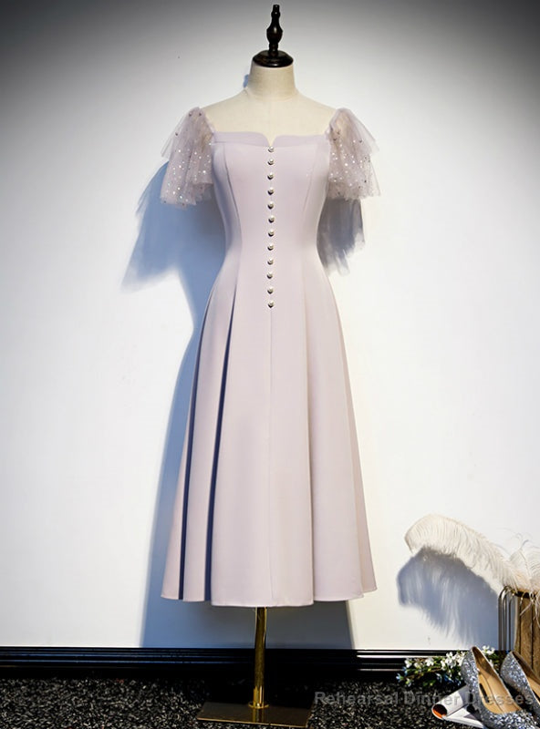 Pink Satin Square Short Sleeve Tea Length Prom Dress Main image