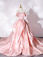 Pink Satin Strapless 3D Flower Quinceanera Dress