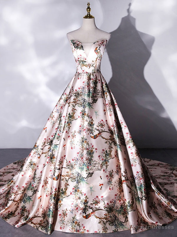 Pink Satin Strapless Embroidery Print Quinceanera Dress Main image