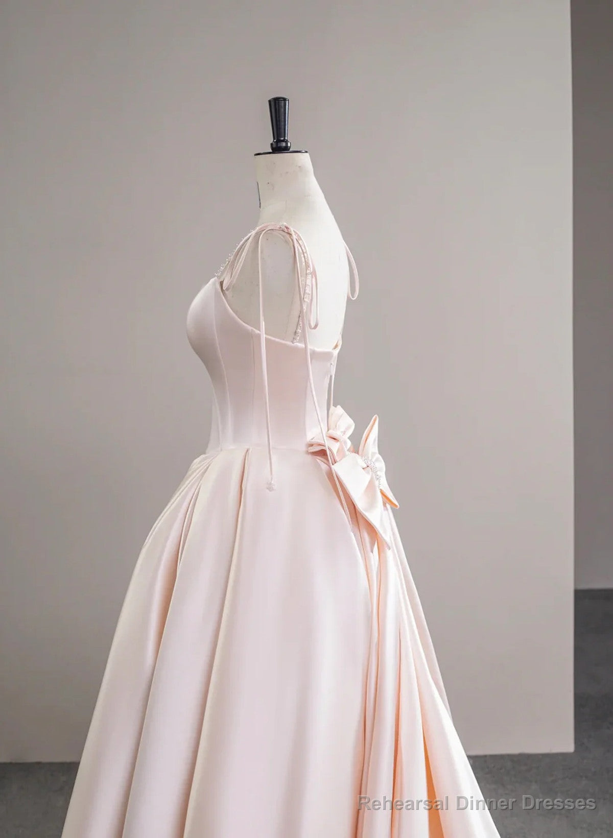Pink Satin Straps Long Formal Dress with Bow, Pink Satin Prom Dress Party Dress Secondary image