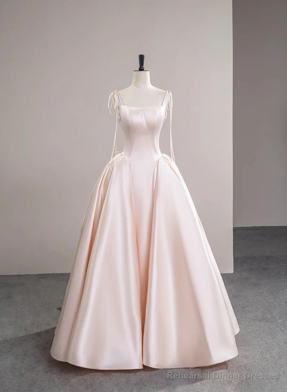 Pink Satin Straps Long Formal Dress with Bow, Pink Satin Prom Dress Party Dress Main image