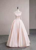 Pink Satin Straps Long Formal Dress with Bow, Pink Satin Prom Dress Party Dress