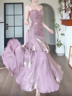 Pink Satin Straps Long Party Dress, Pink Satin Chic Classy Prom Dress Classy Evening Dress