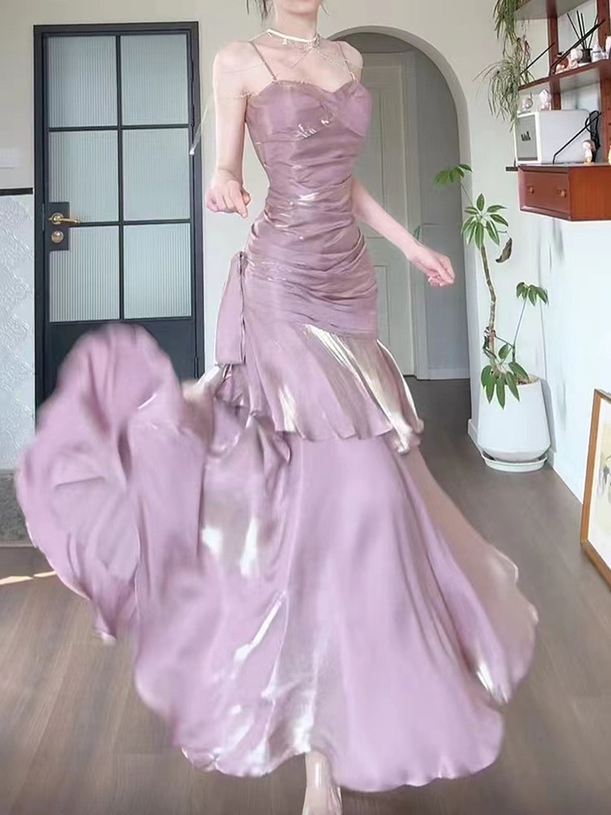Pink Satin Straps Long Party Dress, Pink Satin Chic Classy Prom Dress Classy Evening Dress