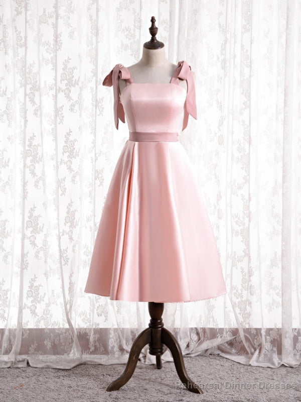 Pink Satin Straps Tea Length Prom Dress Main image
