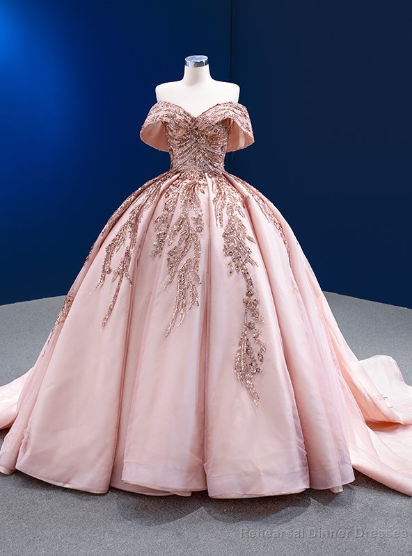 Pink Satin Tulle Off the Shoulder Beading Sequins Prom Dress Main image