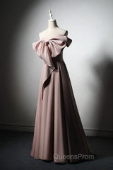 Pink Satin With Bow A-Line Long Evening Prom Dress, Pink Satin Formal Dress Party Dress