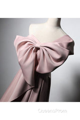 Pink Satin With Bow A-Line Long Evening Prom Dress, Pink Satin Formal Dress Party Dress