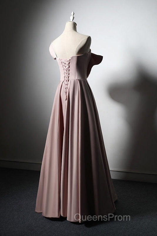 Pink Satin With Bow A-Line Long Evening Prom Dress, Pink Satin Formal Dress Party Dress