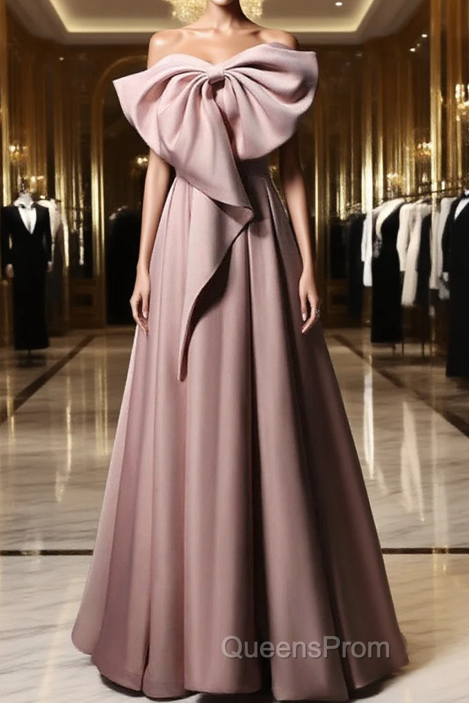 Pink Satin With Bow A-Line Long Evening Prom Dress, Pink Satin Formal Dress Party Dress Main image