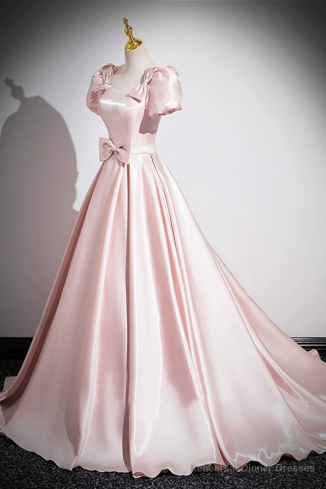 Pink Scoop Neckline Satin Floor Length Prom Dress, Pink Short Sleeve A-Line Party Dress Secondary image