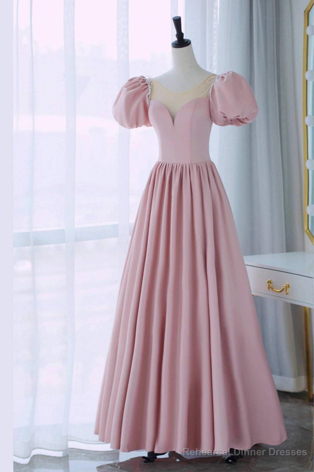 Pink Scoop Neckline Satin Prom Dress, Pink Floor Length Party Dress Main image