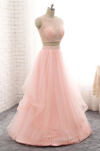 Pink See Through Tulle Beading Strapless Two Piece Evening Prom Dress