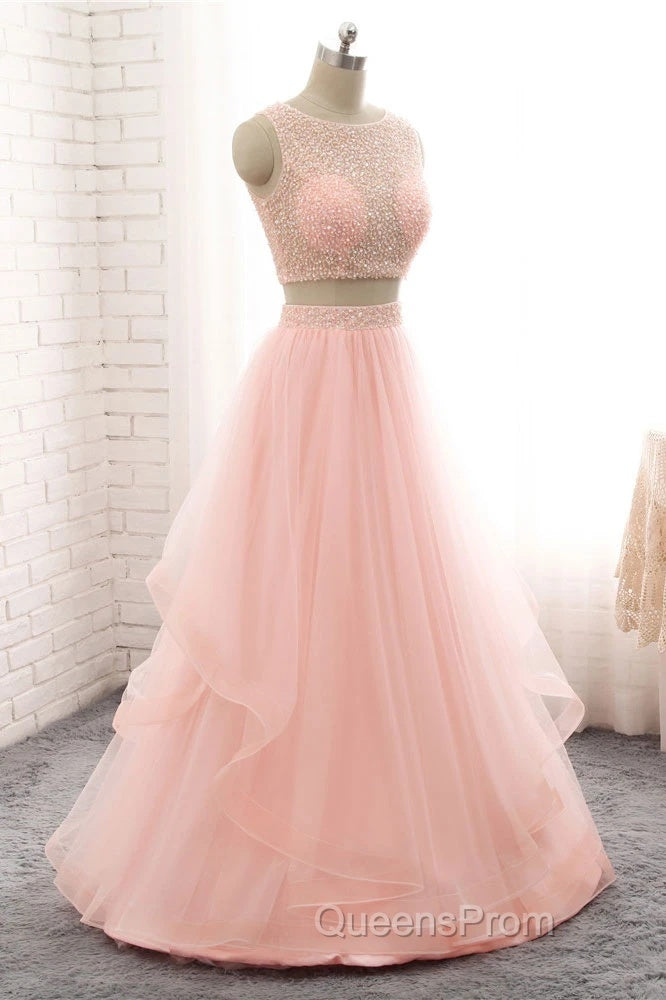 Pink See Through Tulle Beading Strapless Two Piece Evening Prom Dress