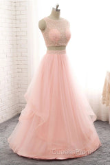 Pink See Through Tulle Beading Strapless Two Piece Evening Prom Dress