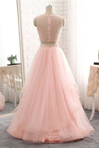 Pink See Through Tulle Beading Strapless Two Piece Evening Prom Dress
