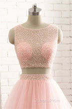 Pink See Through Tulle Beading Strapless Two Piece Evening Prom Dress