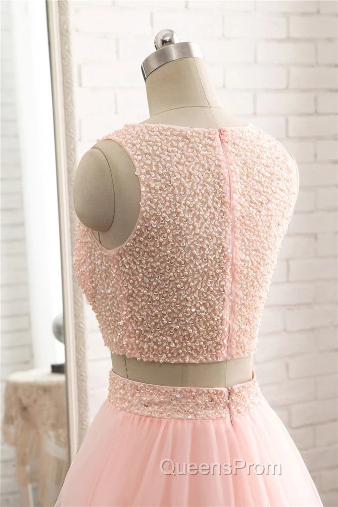 Pink See Through Tulle Beading Strapless Two Piece Evening Prom Dress